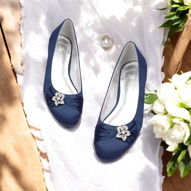 Women's Navy Satin Ballet Flats with Rhinestone Floral Embellishment - Elegant Wedding or Evening Shoes