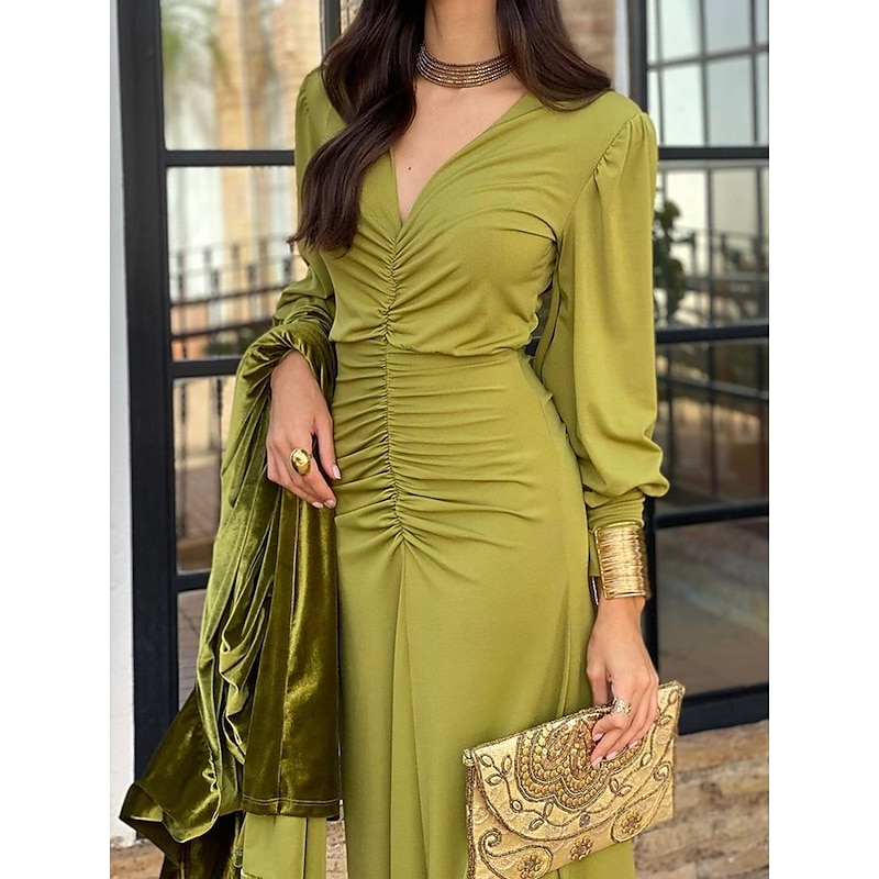 Women's Maxi Dress Bodycon Emerald Green Dress Elegant Wedding Guest Date Regular Fit Plain Long Sleeve V Neck Green Summer Spring