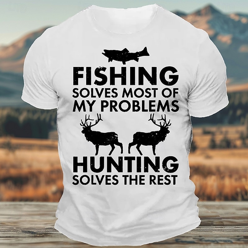 Men's Fishing & Hunting Graphic T-Shirt | 'Fishing Solves Most of My Problems Hunting Solves The Rest' Short Sleeve Tee