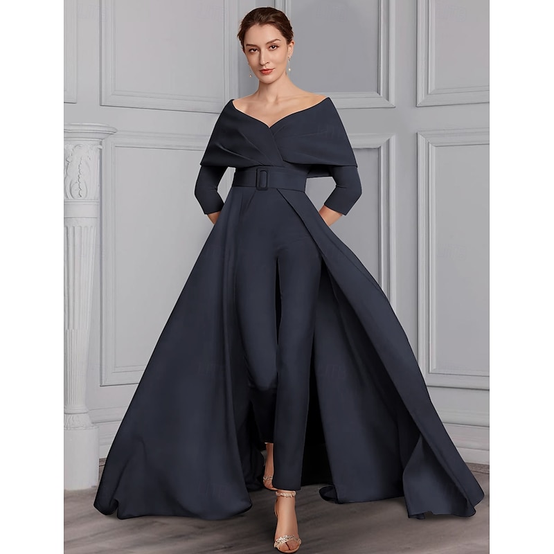 Jumpsuit Mother of the Bride Formal Wedding Guest Elegant Party Scoop Neck Off Shoulder Ankle Length Stretch Fabric 3/4 Length Sleeve with Sash / Ribbon