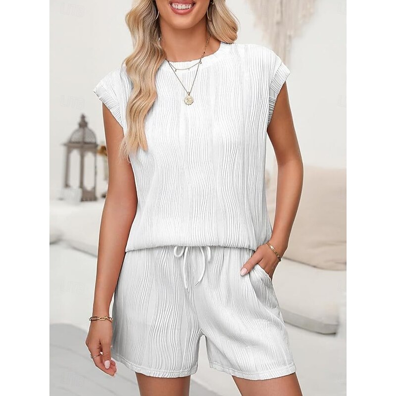 Women's Pajama Set Casual Comfort Pure Color Pocket Elastic Waist T Shirt Shorts Home Daily Short Sleeve Crew Neck Black White Pink Summer Spring Fall Regular Fit