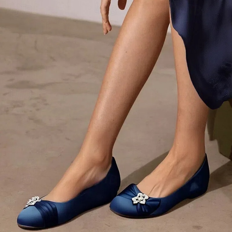 Women's Navy Satin Ballet Flats with Rhinestone Floral Embellishment - Elegant Wedding or Evening Shoes3