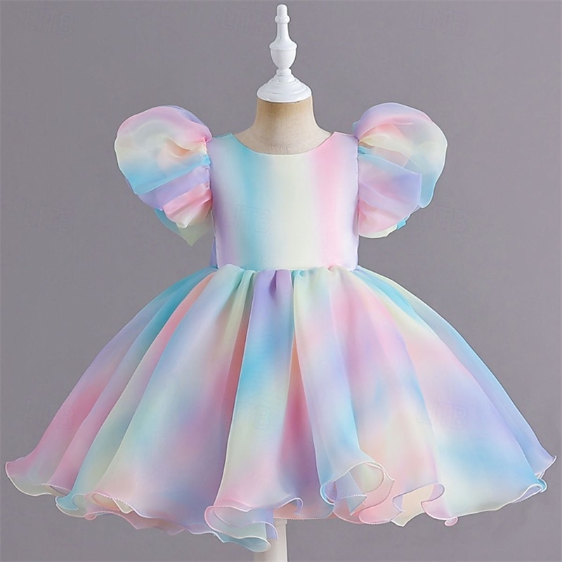 Kids Girls' Party Dress Rainbow Sleeveless Short Sleeve Performance Birthday Backless Beautiful Sweet Polyester Knee-length Party Dress A Line Dress Tulle Dress Summer 4 years+ Pink Blue Light Blue