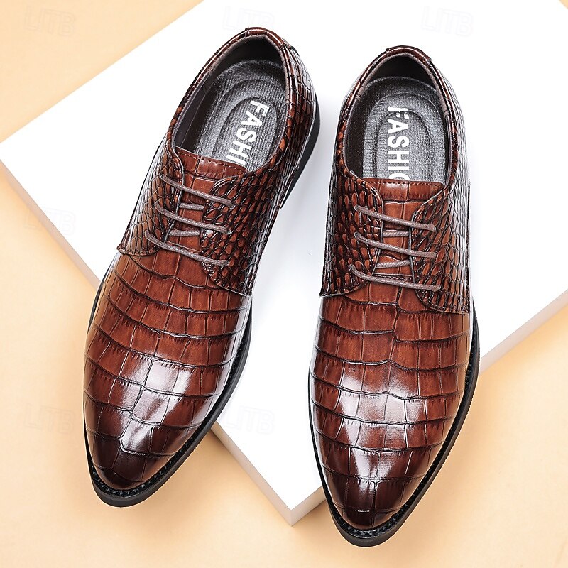 Men's Brown Crocodile Pattern Faux Leather Dress Shoes – Lace-Up Formal Footwear with Textured Design for Business and Weddings3