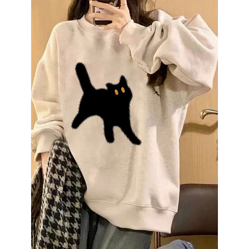 Women's Sweatshirts Cat Casual Long Sleeve Crew Neck Regular Tops Street Dailywear Print White Beige Gray Fall Winter