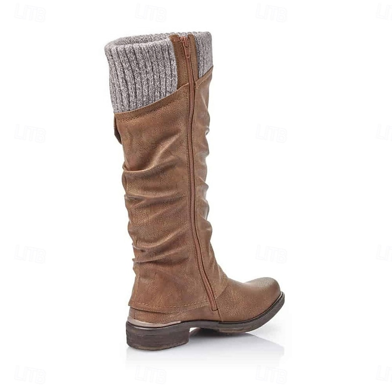 Women's Brown Slouchy Knit Cuff Knee-High Boots - Cozy and Stylish Fall/Winter Footwear3