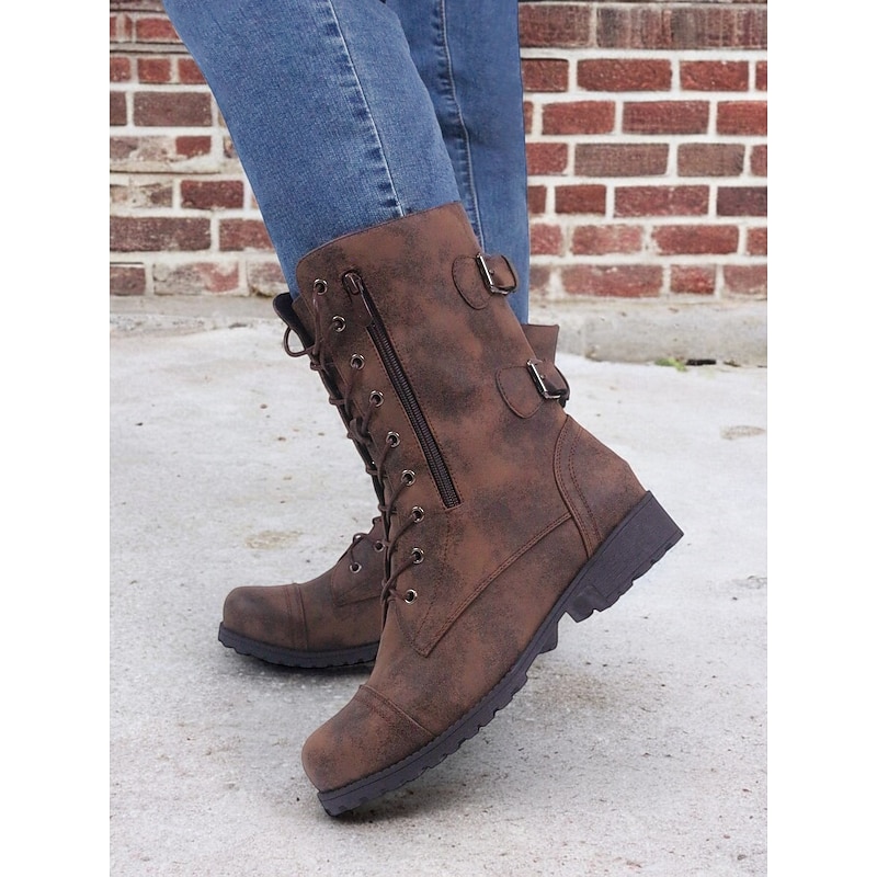 Versatile Brown Leather Lace-Up Boots with Military Flair for Women - Perfect for Fall and Winter Everyday Wear4