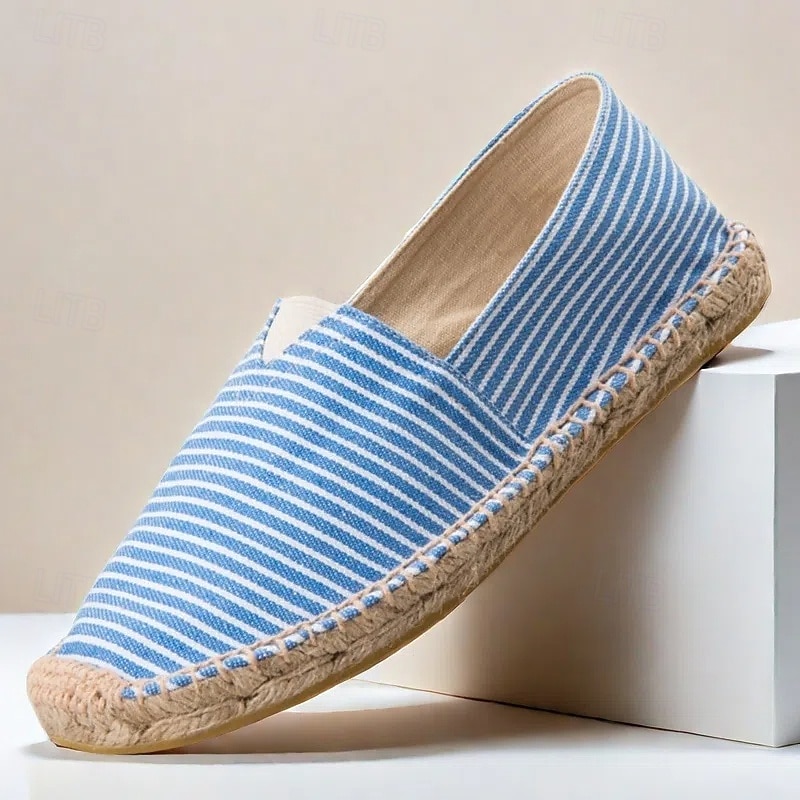 Men's Blue and White Striped Canvas Espadrille Slip-On Shoes with Jute Rope Sole – Comfortable Summer Footwear2