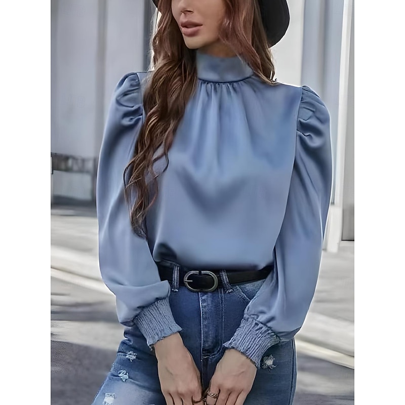 Women's Shirt Elegant Dressy Satin Solid Color Elegant Casual Long Sleeve Turtleneck Regular Tops Wedding Guest Work Ruched Blue Rose Pink Summer Spring