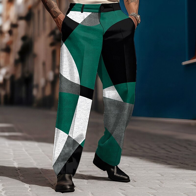 Men's Color Block Geometric Pattern Trousers Dress Pants Mid Waist Casual Vintage Retro Holiday Streetwear Dads Day Gifts Flat-Front Straight Leg Trousers Summer Spring Fall 3D Print Black Wine Blue2