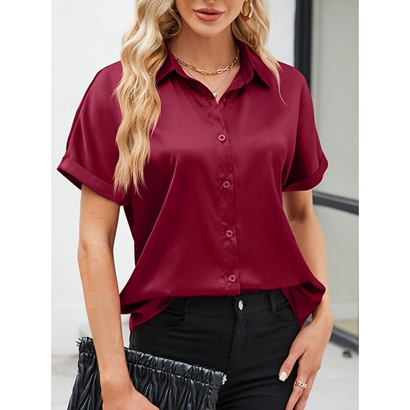 Women's Valentine Shirt Blouse Business Solid Color Regular Tops Short Sleeve Shirt Collar Buttons Regular Fit Work Formal Modern Casual Wear Red Green Gray Summer2