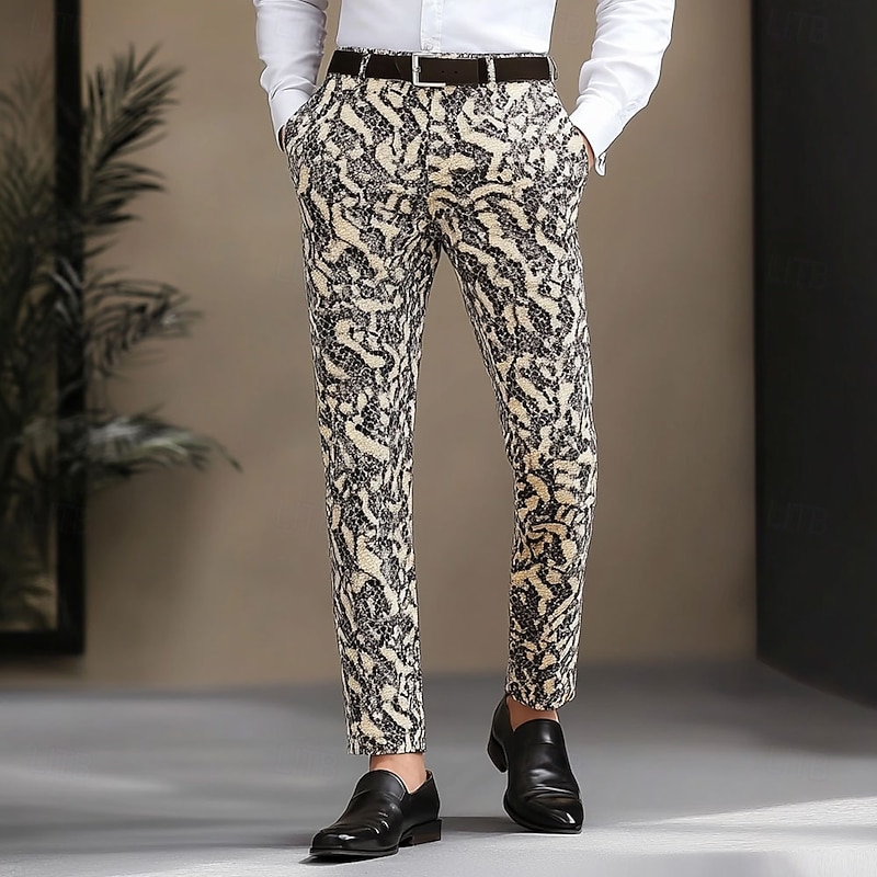 Men's Snake Skin Pattern Dress Pants Trousers Mid Waist Casual Vintage Retro Outdoor Vacation Streetwear with Pockets Slim Fit Flat-Front Summer Spring Fall 3D Print Yellow