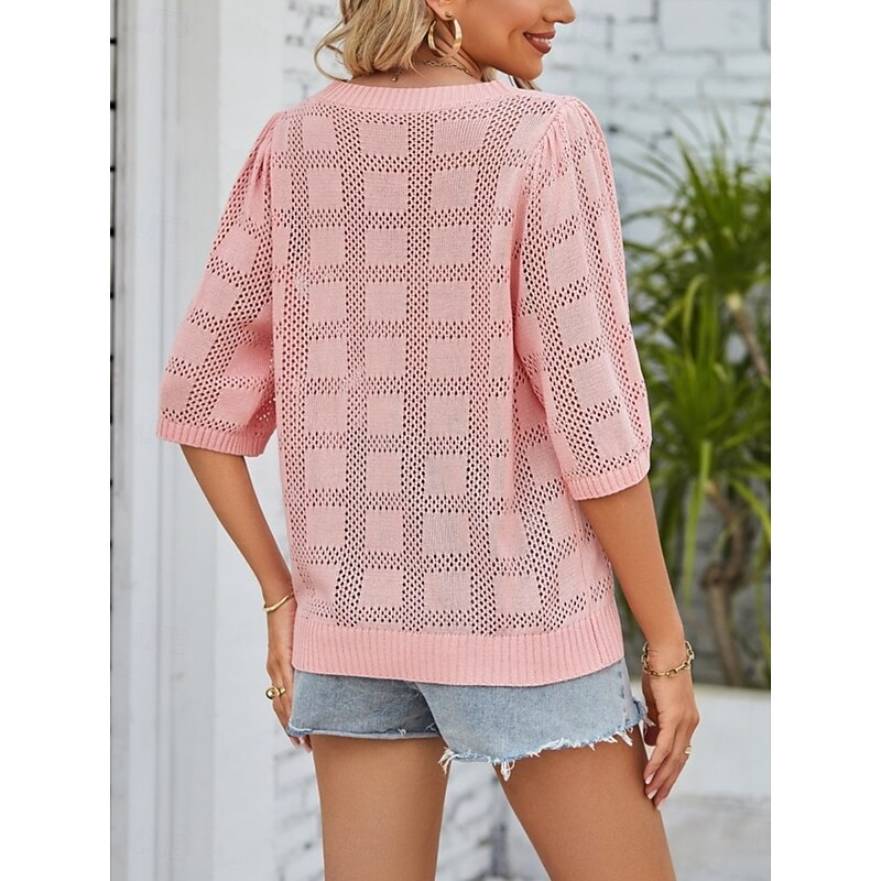 Women's Sweater Casual Soft Pure Color Ribbed Crew Neck Knitted 3/4 Length Sleeve Regular Tops Knit Outdoor Daily Weekend White Pink Spring Fall2