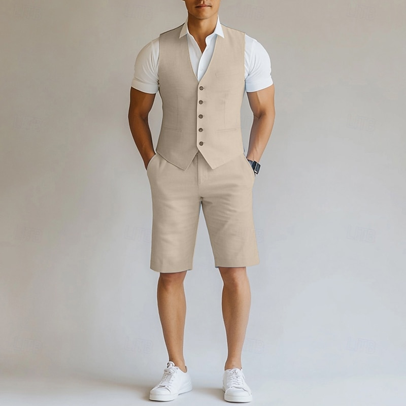 Men's Wedding Casual Linen Suits Navy Blue Sky Blue Solid Colored Tailored Fit 2 Piece2