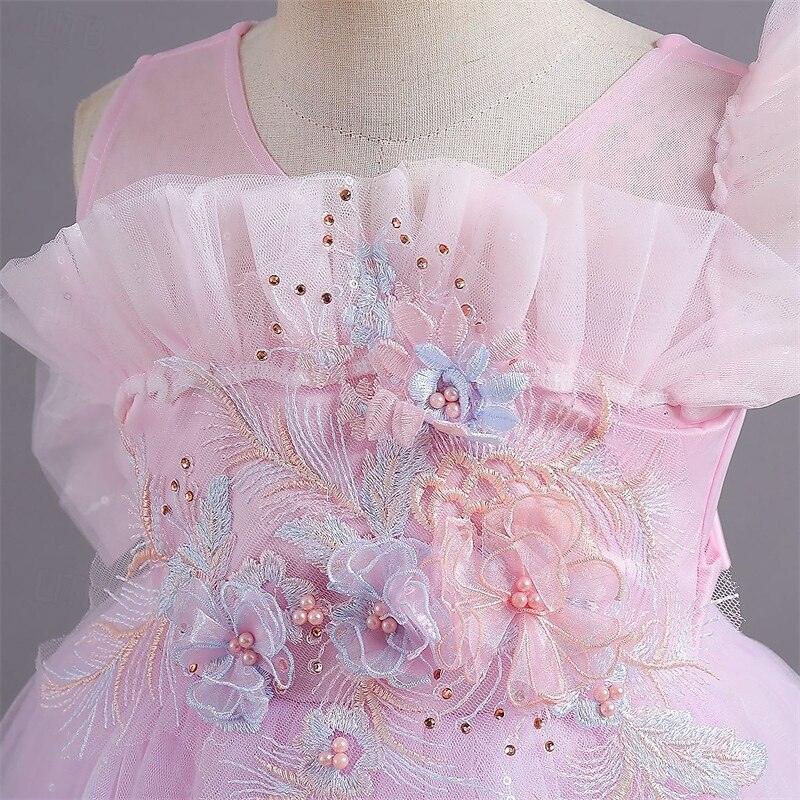 Flower Girl Dress Kid's Girls' Princess Dress Performance Wedding Party Elegant Beautiful Mesh Solid Color Sleeveless Crew Neck Pink Blue 4 years+3