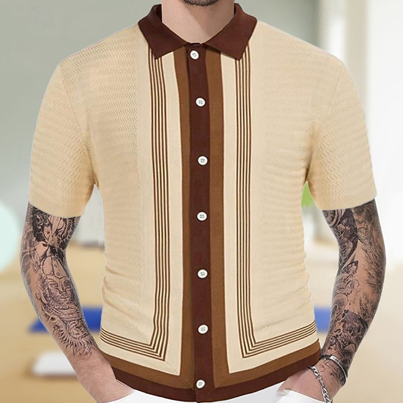 Men's Button Up Polos Golf Shirt Casual Sports Lapel Short Sleeve Fashion Basic Stripes Patchwork Buttons Summer Navy Blue Green Apricot Button Up Polos