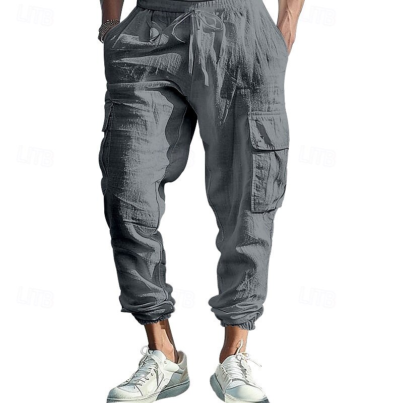 Men's Linen Pants Cargo Joggers Trousers Summer Pants Drawstring Elastic Waist Multi Pocket Plain Comfort Breathable Full Length Outdoor Casual Daily Fashion Classic Style Black White4