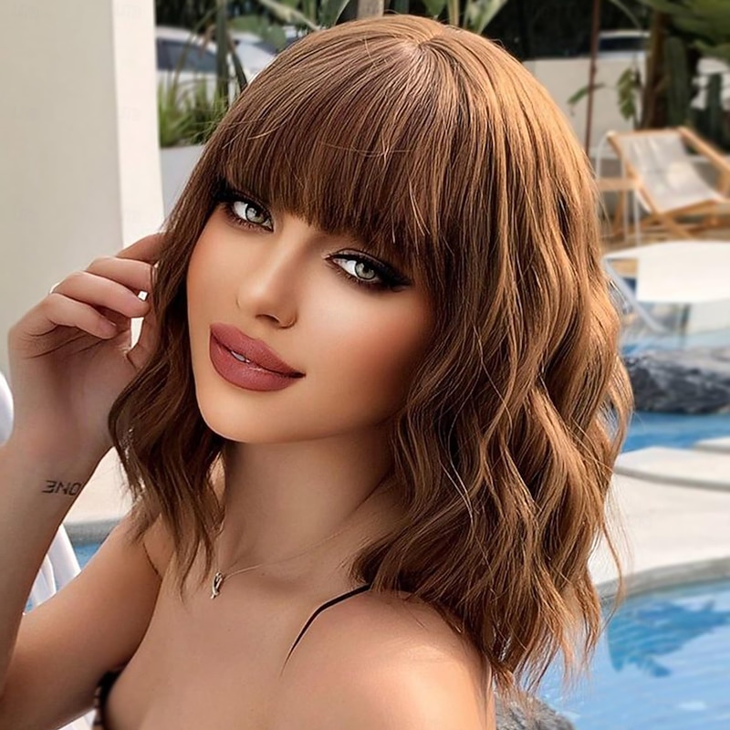 Wig with Bangs Wigs for Women Short Wavy Wig Shoulder Length Curly Bob Synthetic Wig Heat Resistant Fiber Wigs for Daily Party Use