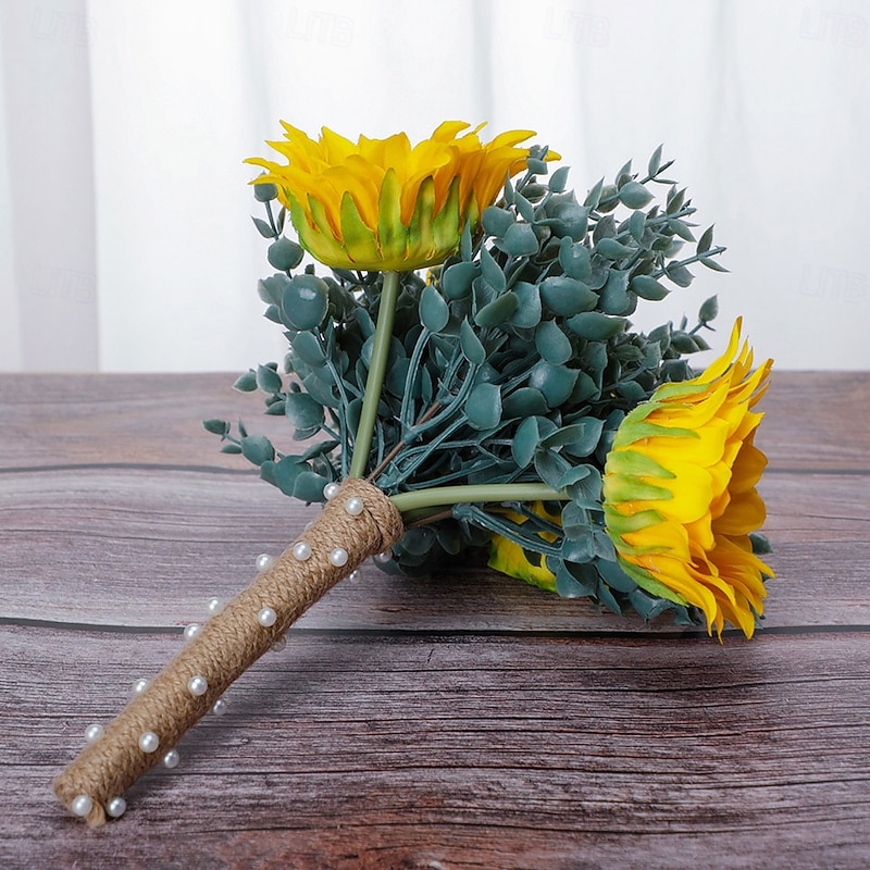 Wedding Bouquets for Bride, Artificial Silk Flower Eucalyptus and Sunflower Bridal Bouquet, Rustic Outdoor Wedding Photography Prop and Decorative Handheld Flowers3