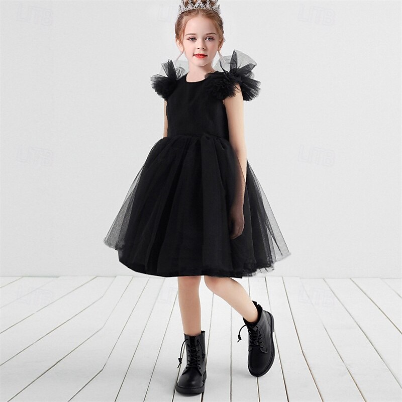 Flower Girl Dress Kid's Girls' Princess Dress Performance Wedding Party Elegant Beautiful Mesh Solid Color Short Sleeve Crew Neck Black White 4 years+