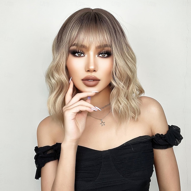 Bob Wig for Women Short Wavy Wig with Bangs Dark Roots Heat Resistant Synthetic Party Wig for Women Girls Daily Wear Wigs2