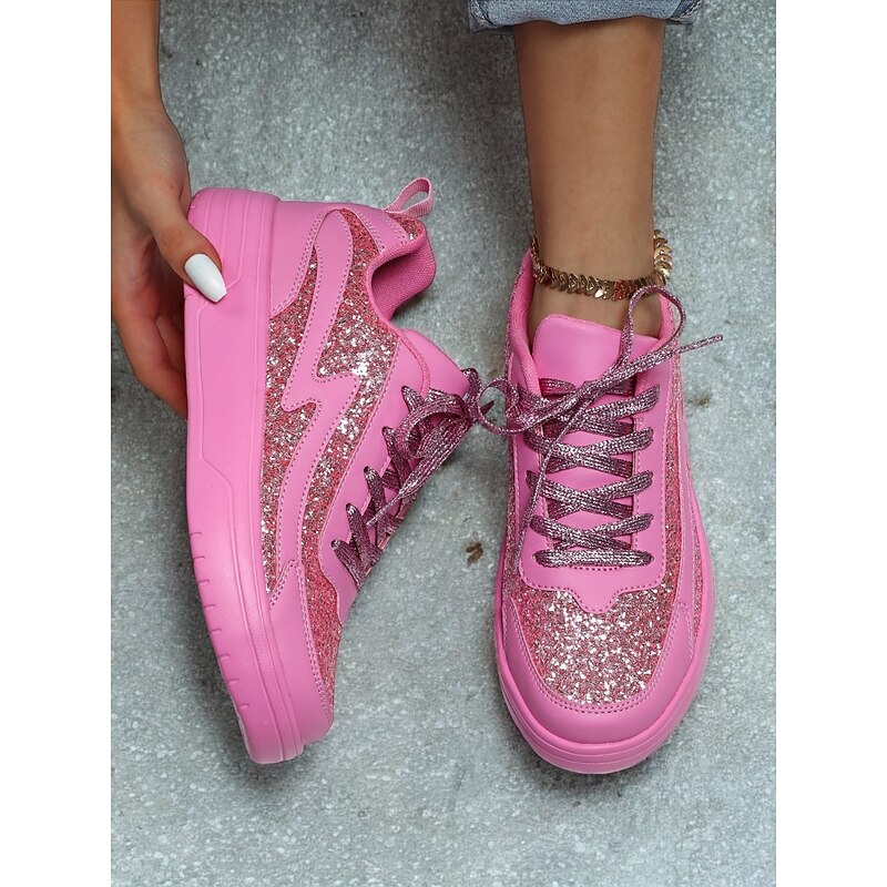 Women's Comfortable Rose Pink Glitter Sneakers Perfect for Casual & Party Wear