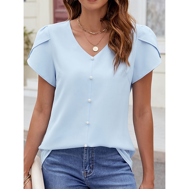 Women's Shirt Blouse Solid Color Basic Casual Short Sleeve V Neck Regular Tops Daily Beaded Black Sky Blue Fuchsia Summer Spring