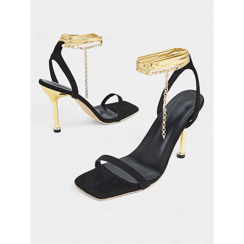 Women's Black Suede Stiletto Heels with Gold Wrap-Around Ankle Straps and Square Toe – Sexy High Heel Sandals for Parties and Evening Events4