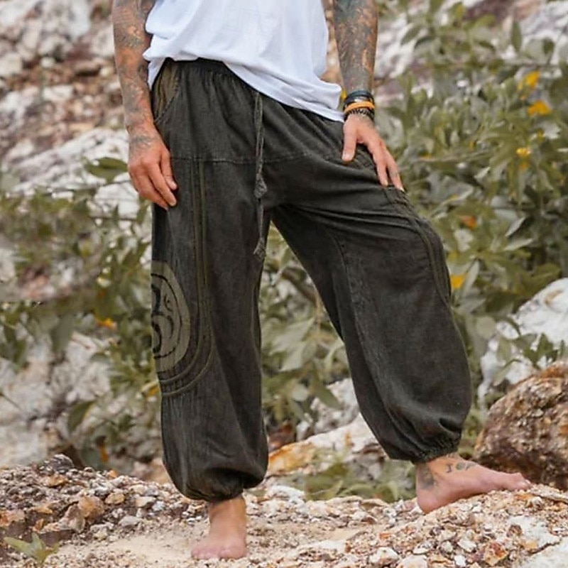 Men's Joggers Trousers Summer Pants Baggy Pants Beach Pants Drawstring Elastic Waist Drop Crotch Plain Comfort Breathable Full Length Outdoor Casual Holiday Ethnic Style Retro Vintage Green2