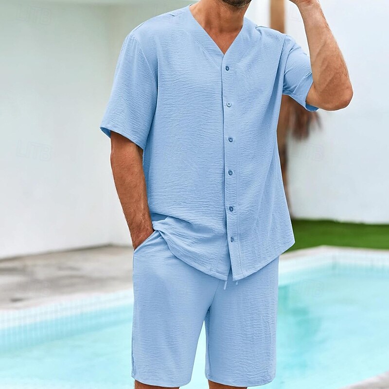 Men's 2 Piece Shirt Set Summer Set Matching Sets Casual Shirt Button Up Shirt Black White Blue Green Short Sleeve Plain Collar Vacation Daily Clothing Apparel Fashion Casual Comfortable