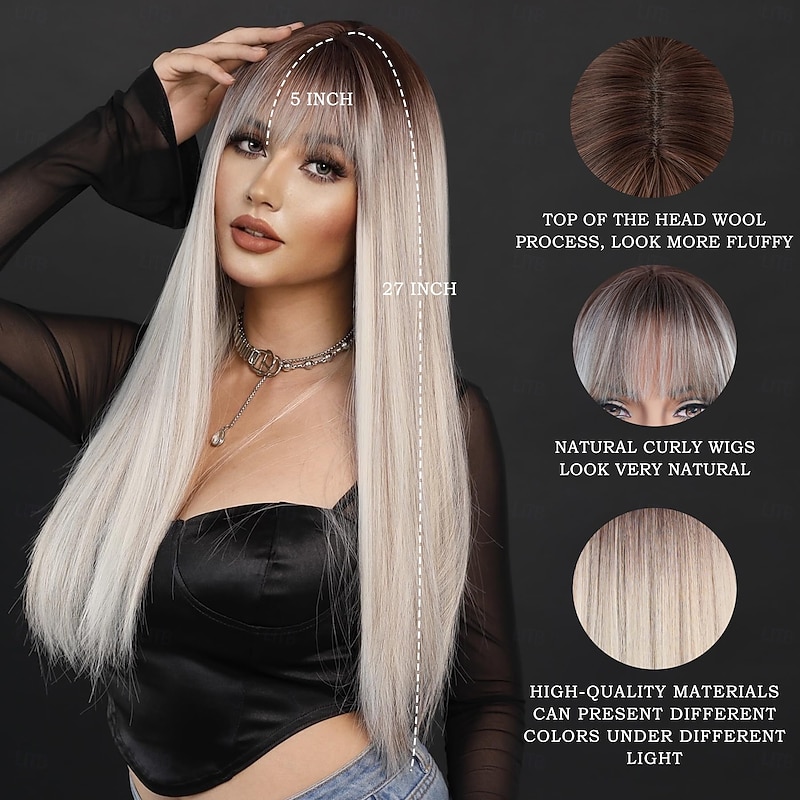 Long Straight Wig with Bangs Wig Heat Resistant  Synthetic Wig with Dark Roots Make Natural Looking Wigs for Women Party Cospaly Wig and Daily Used2