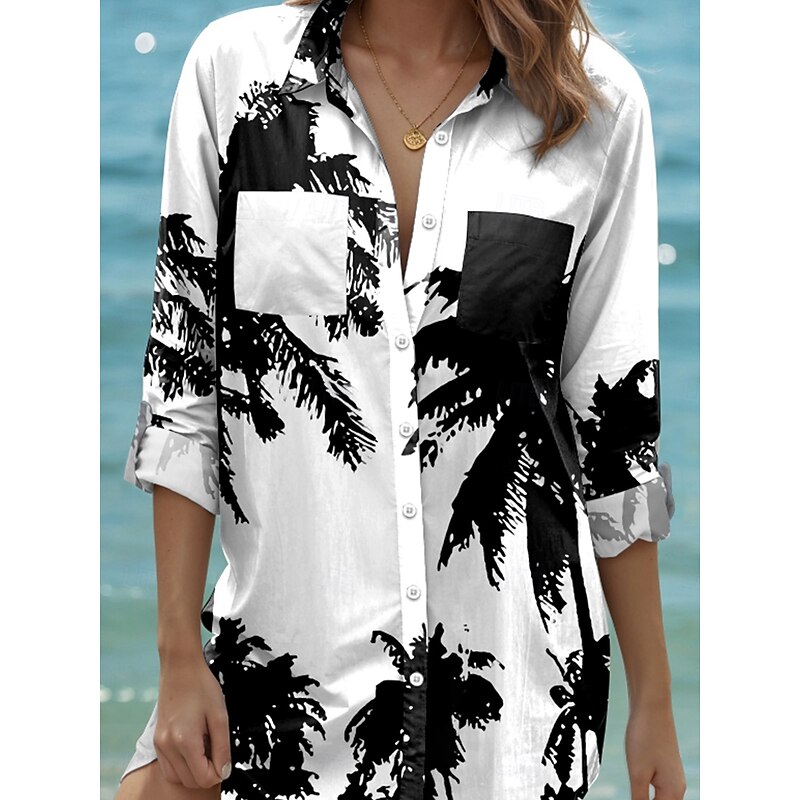 Women's Mini Dress Shirt Dress Hawaiian Shirts  Flowy  Beach Leaf Long  Long Sleeve Shirt Collar Buttons Print Form Fit White Summer Holiday Clothes Beach Wear3