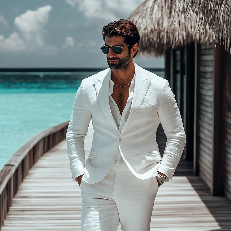 Men's Wedding Beach Wedding Linen Suits Peaked Lapel White Lightweight Casual Solid Colored Standard Fit 2 Piece Single Breasted Two-buttons