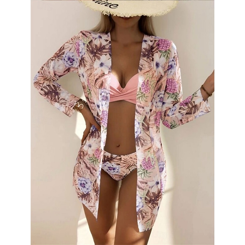 Women's Swimwear Bikini Three Piece Cheeky Swimsuit Backless Slim Vacation Beach Wear Floral V Neck Long Sleeve Bathing Suits2