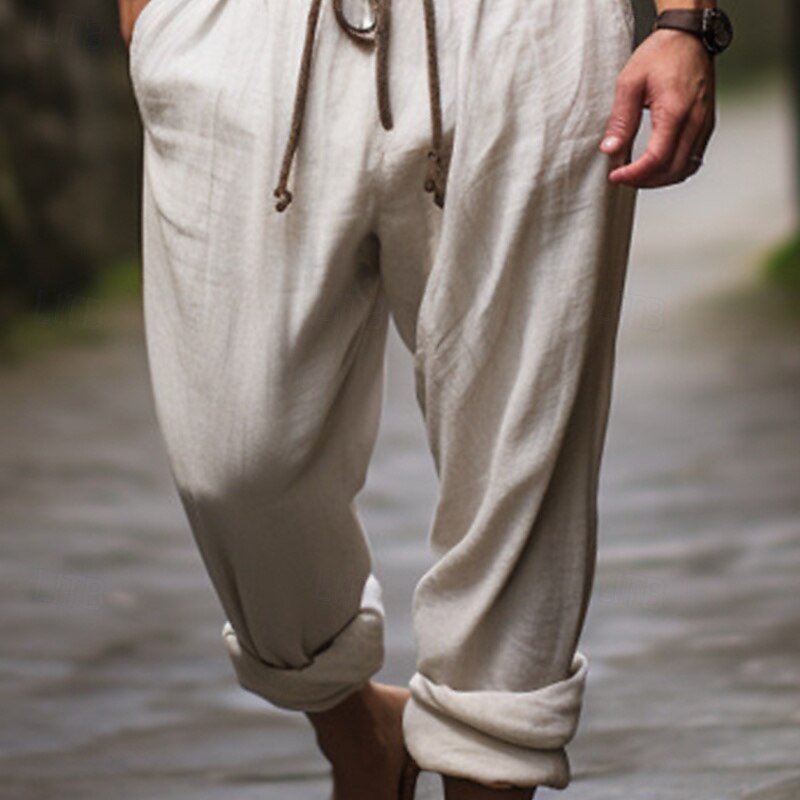 Men's Linen Pants Trousers Summer Pants Drawstring Elastic Waist Straight Leg Plain Comfort Breathable Full Length Outdoor Casual Daily Fashion Retro Vintage Beige3