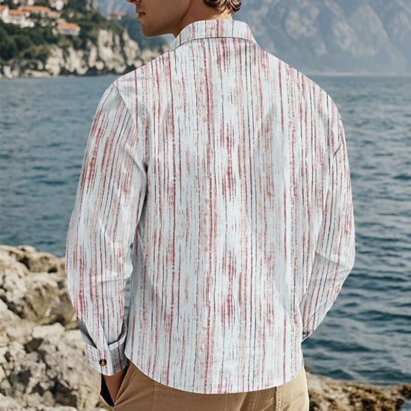 Men's Shirt Summer Shirt Casual Shirt Beach Shirt Button Up Shirt Red Green khaki Light Grey Long Sleeve Stripes Lapel Vacation Hawaiian Pocket Clothing Apparel Polyester Fashion Casual Comfortable2