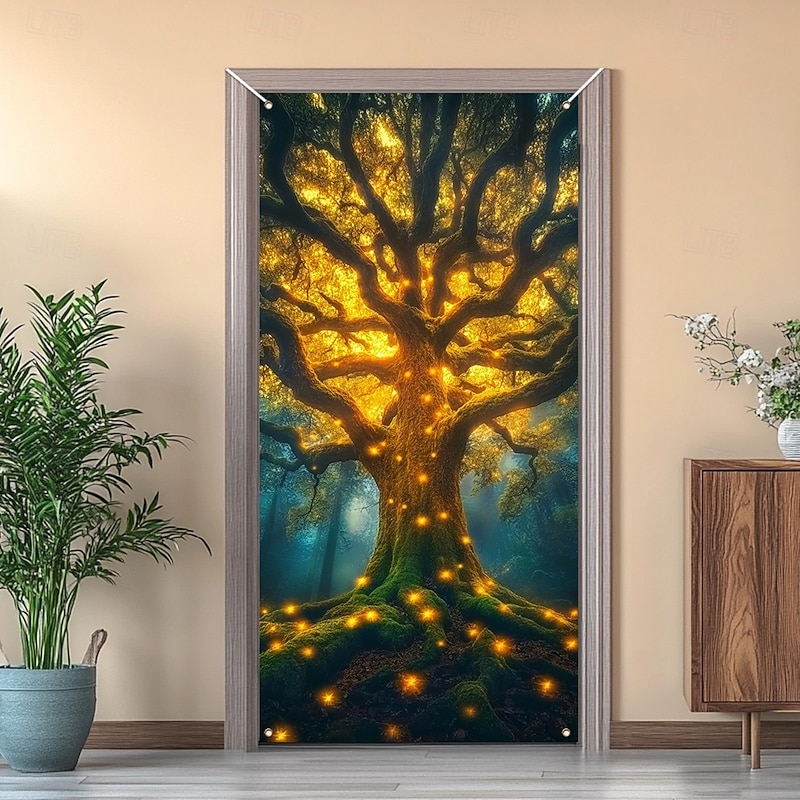 Tree of Life Door Covers Mural Decor Door Tapestry Door Curtain Decoration Backdrop Door Banner Removable for Front Door Indoor Outdoor Home Room Decoration Farmhouse Decor Supplies3