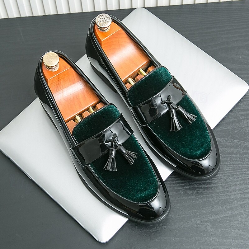 Men's Black Patent Faux Leather Tassel Loafers – Velvet Accent Slip-On Dress Shoes for Wedding and Formal Wear4