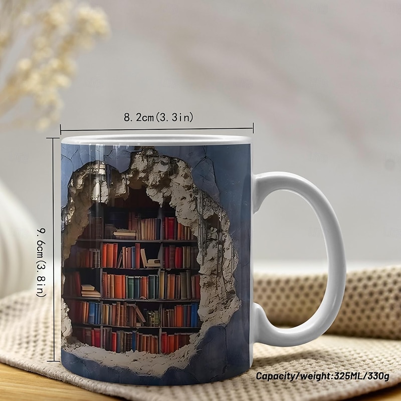3D Bookshelf Mug, Ceramic Mug,Library   Bookshelves Hole In A Wall Mug,Book Lovers Coffee Mug, Cool Bookish Gifts for Readers Christmas Xmas Gift3