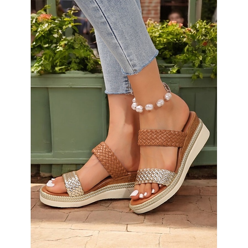 Women's Woven Platform Sandals with Dual Straps, Casual Summer Shoes with Metallic Accents, Comfortable Footwear for Vacation and Daily Wear4