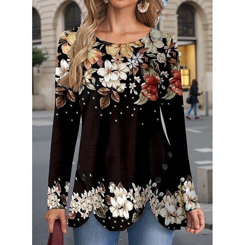 Women's T Shirt Floral Casual Long Sleeve Crew Neck Regular Tops Daily Buttons Print Asymmetrical Black Red Spring &  Fall