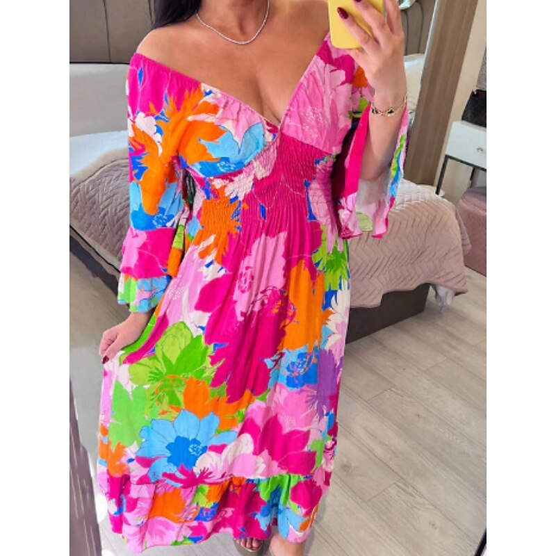 Women's Maxi Dress Casual Dress Swing Dress A Line Dress Casual Daily Regular Fit Floral 3/4 Length Sleeve V Neck Pink Blue Green Summer Spring Fall - Main Image
