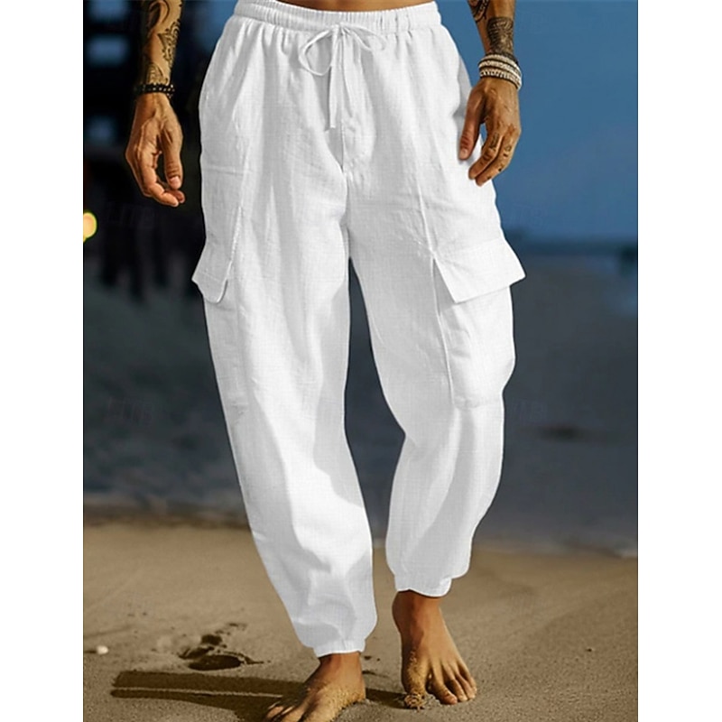 Men's Cargo Trousers Linen Pants Summer Pants Beach Pants Drawstring Elastic Waist Multi Pocket Plain Comfort Breathable Full Length Outdoor Daily Holiday Vacation Fashion Black White