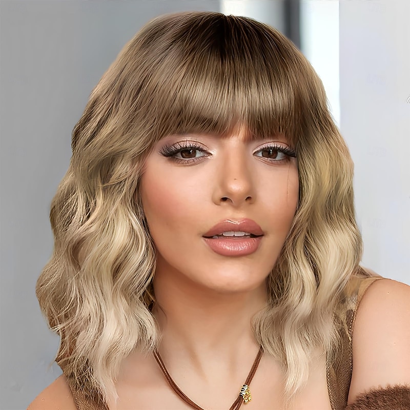 Wig with Bangs Short Wavy for Women  Curly Bob Wig with Dark Roots Shoulder Length Synthetic Heat Resistant Hair Wig for Party Daily Use