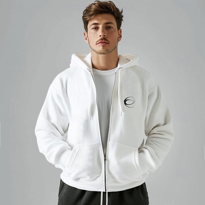 Men's 100% Cotton Full Zip Hoodie Black White Hooded Graphic Zipper Pocket Sports & Outdoor Casual Daily Streetwear Cool Designer Spring Fall Clothing Apparel Hoodies Sweatshirts