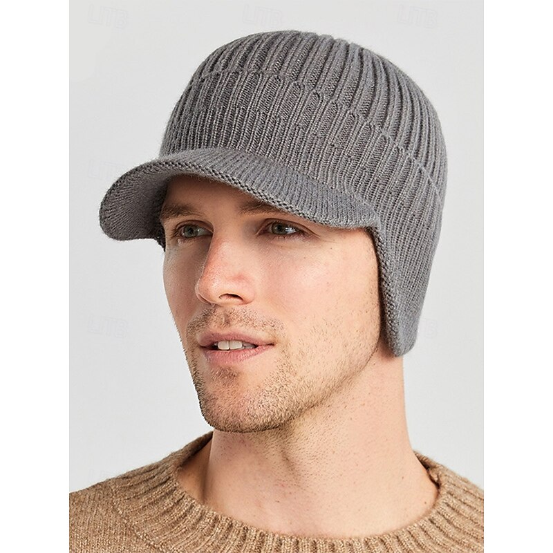 Men's Knit Winter Hat with Visor and Ear Flaps - Warm Ribbed Beanie Cap for Outdoor Activities and Casual Wear