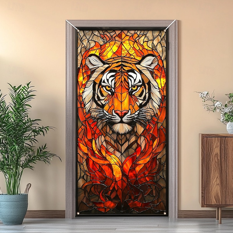 Stained Glass Effect Door Decorations Door Covers Tiger Door Tapestry Door Curtain Decoration Backdrop Indoor/Outdoor Door Banner for Front Door Farmhouse