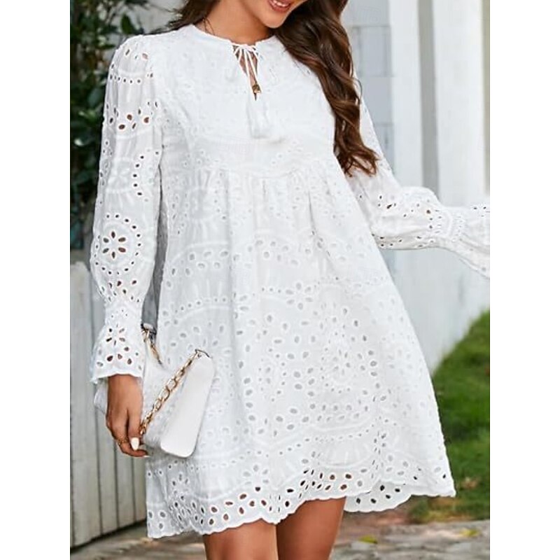 Women's Casual Dress Mini Dress Cotton Embroidered Vacation Beach Casual V Neck Long Sleeve Puff Sleeve White Green Color4