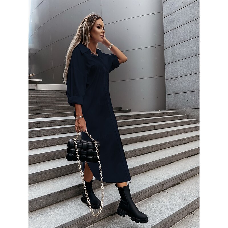 Women's Shirt Dress Midi Dress Buttons Split Thigh Casual V Neck Long Sleeve Black White Blue Color4