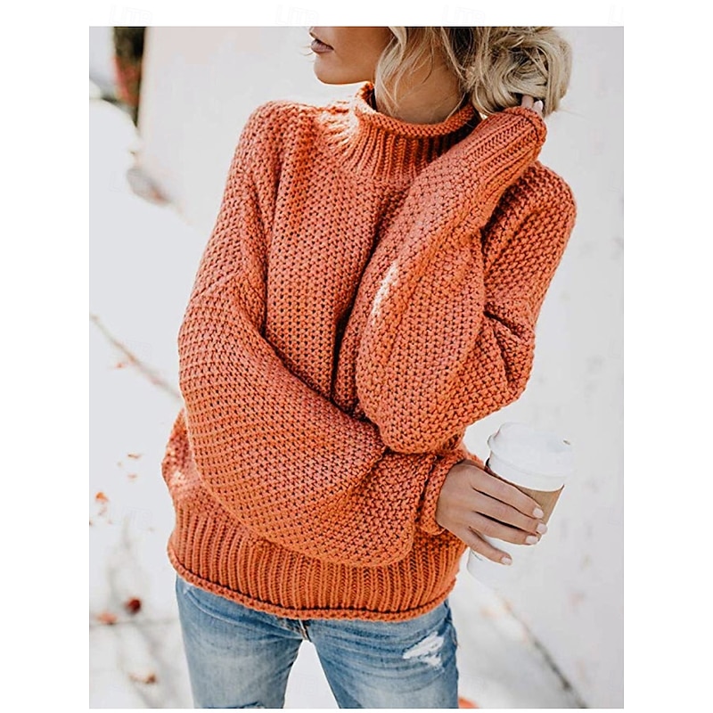 Women's Sweater Casual Soft Pure Color Ribbed Crew Neck Knitted Long Sleeve Regular Tops Knit Outdoor Daily Weekend Orange Khaki Fall Winter3
